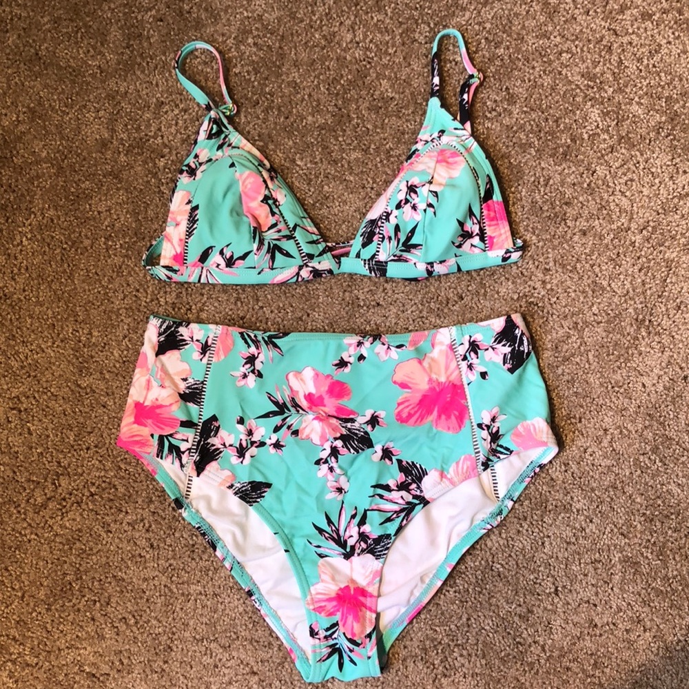 Baby blue and floral high waisted bikini set